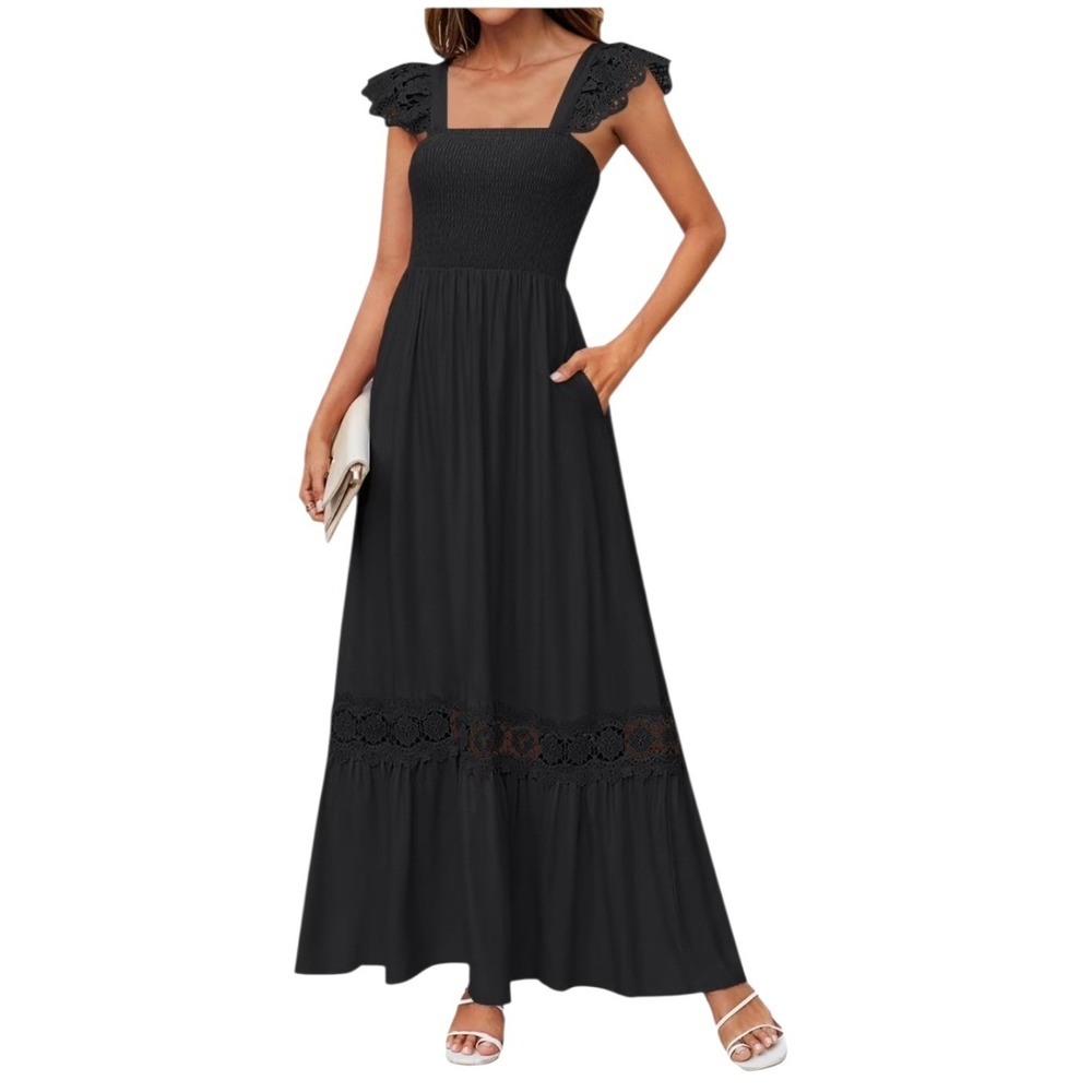 Zesica Black Smocked Crochet Lace Flutter Sleeve Tiered Viscose Dress Large NWT